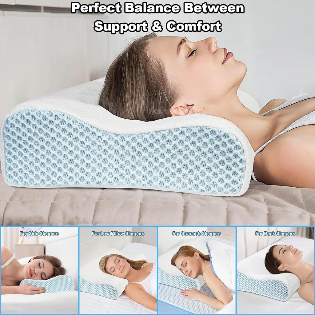 Womdee Memory Foam Cervical Pillow for Neck Pain Relief with Replacement Ice Silk Pillowcase, Cooling Ice Silk Bed Pillow, Ergonomic Orthopedic Contour Support Pillow for Stomach Side & Back Sleepers