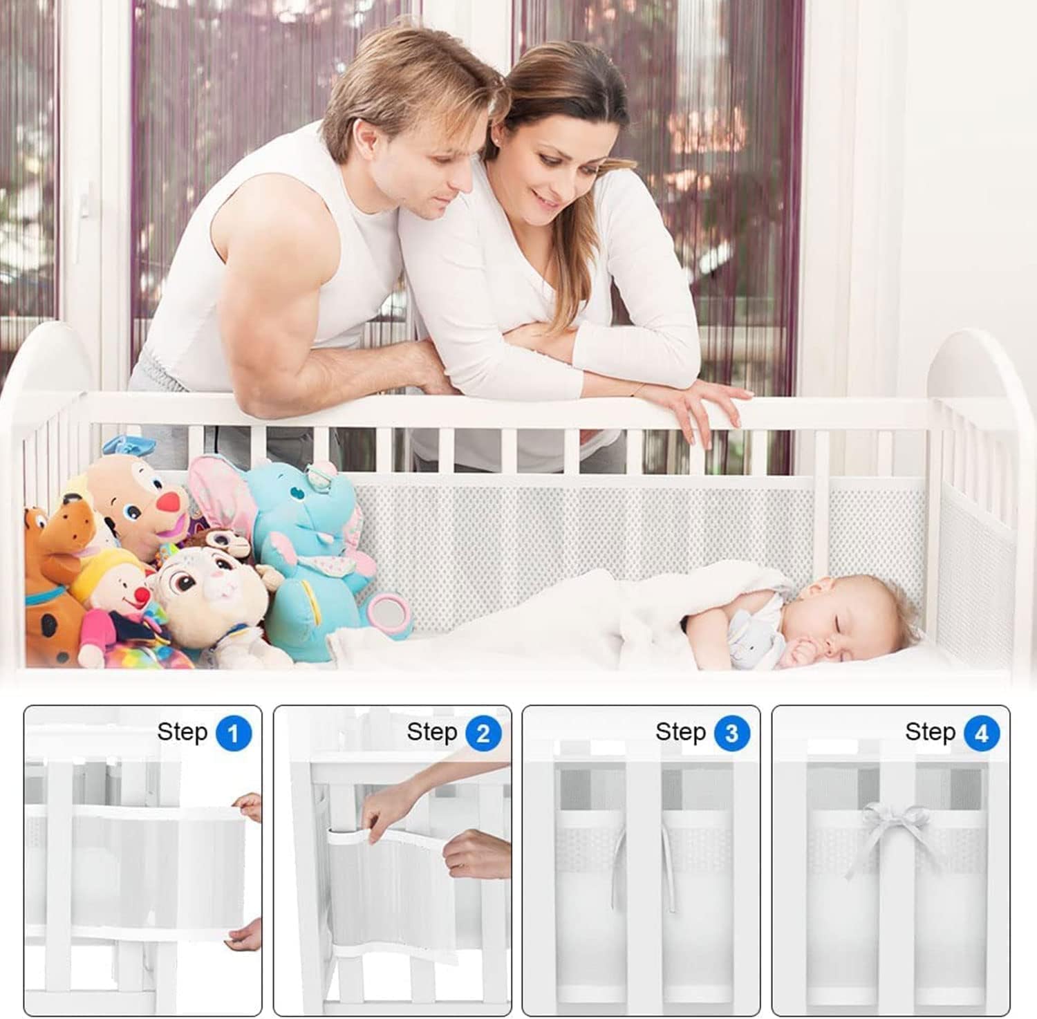 Breathable Baby Mesh Crib Liner, Womdee Cot Bumper For Boys Girls Airflow Safe 3D Fresh Breathing Bedding All Season,2Pcs Liner Set. (Blue)
